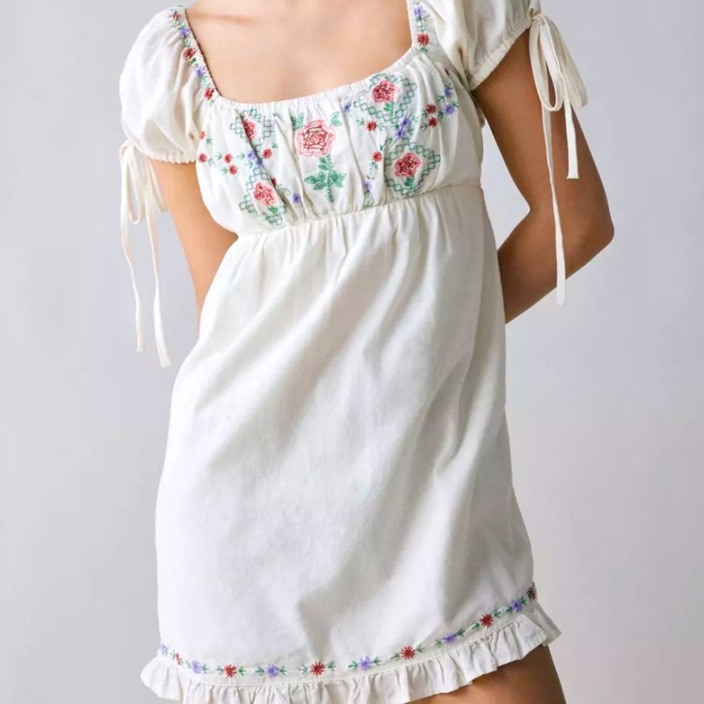 Urban Outfitters Kimchi Blue Marcella Embroidered Tie-Back Babydoll Mini Dress